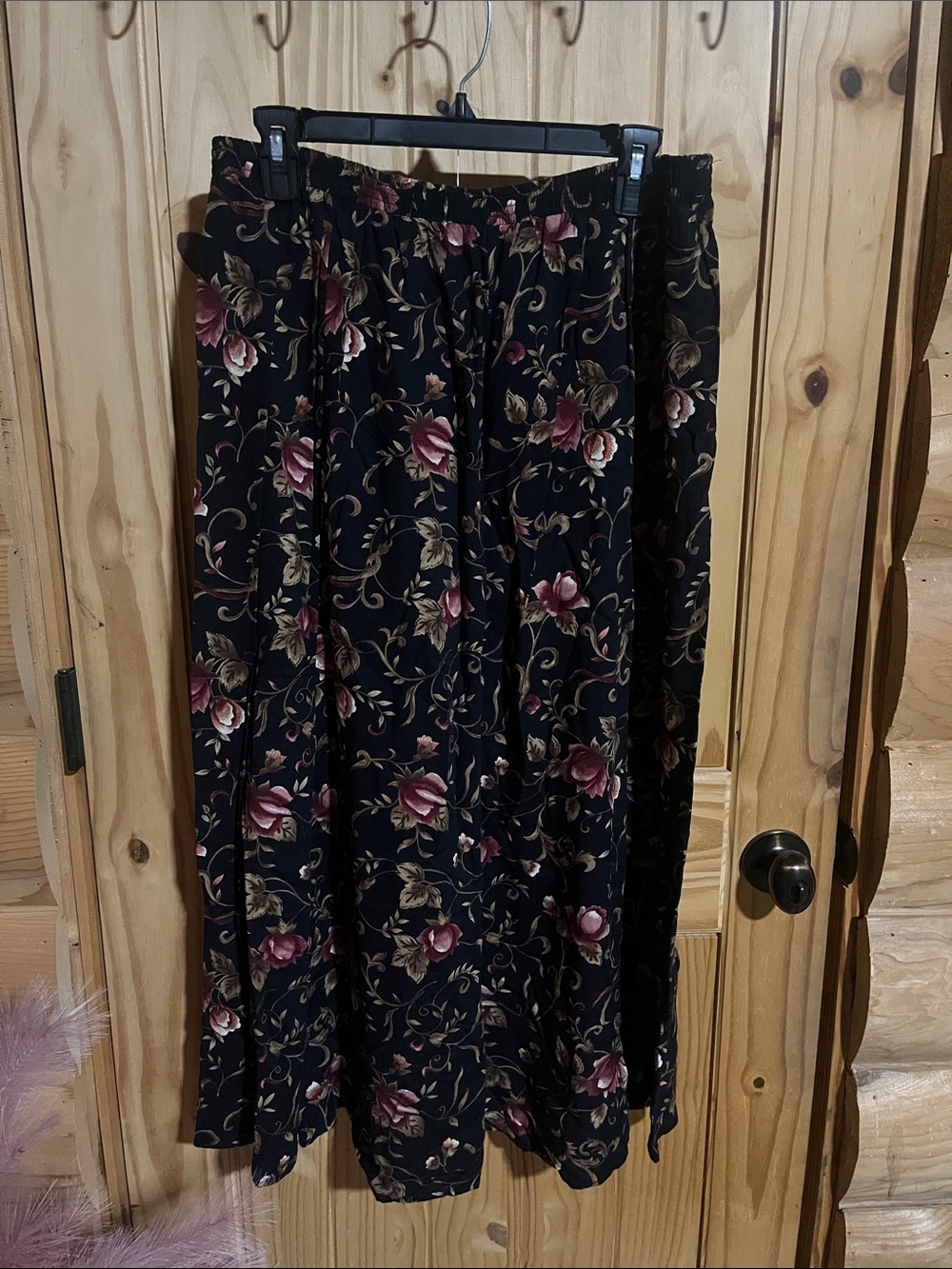 Liz Baker Vintage Black Maxi Skirt with Pink Rose & Cream Vine Motif